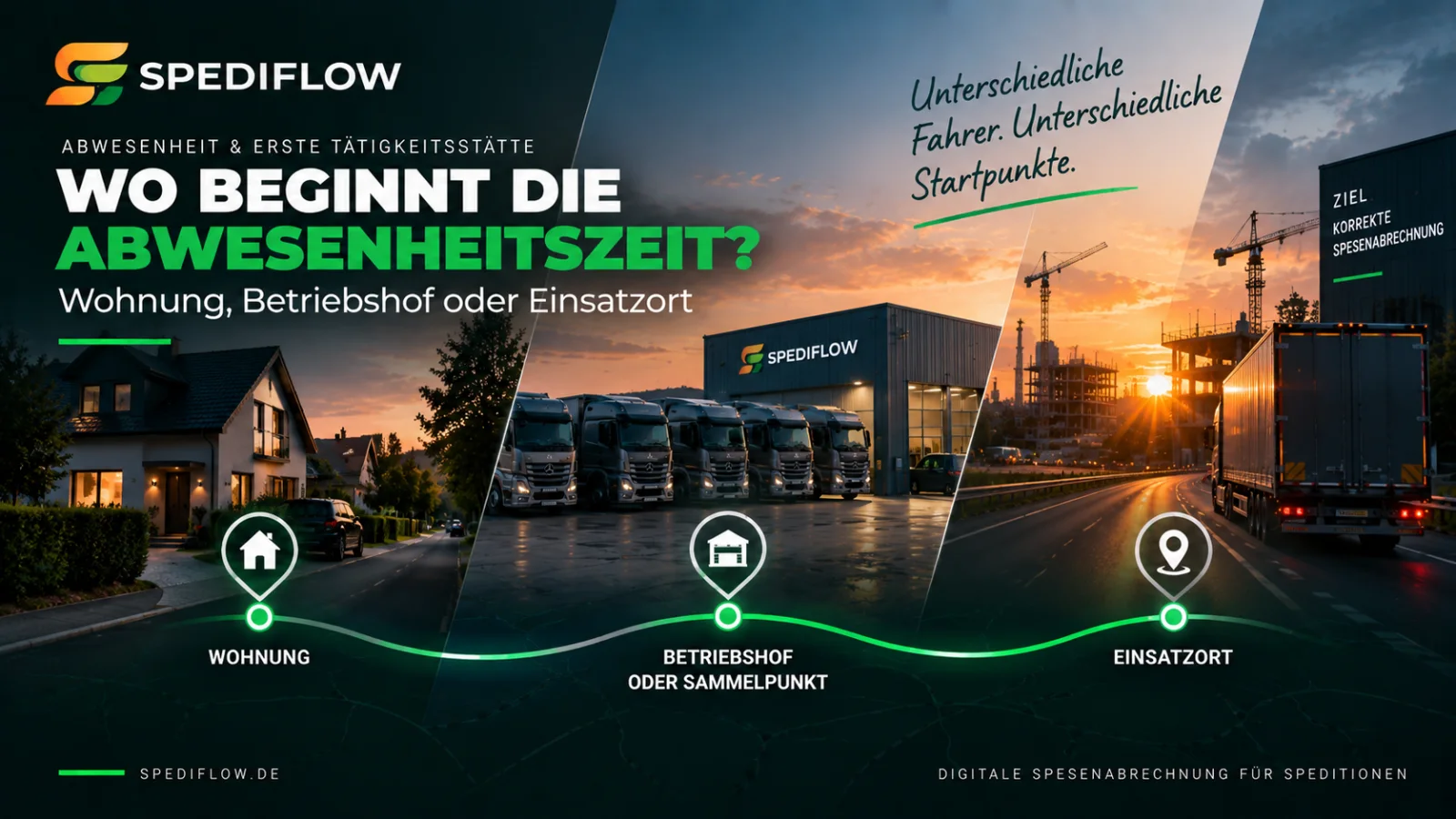 Wohnung, Betriebshof und Einsatzort als mögliche Ausgangspunkte für die Abwesenheitszeit eines Lkw-Fahrers