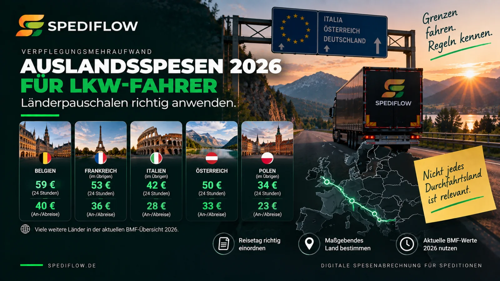 Auslandsspesen 2026 für Lkw-Fahrer mit Länderpauschalen und internationaler Route durch Europa
