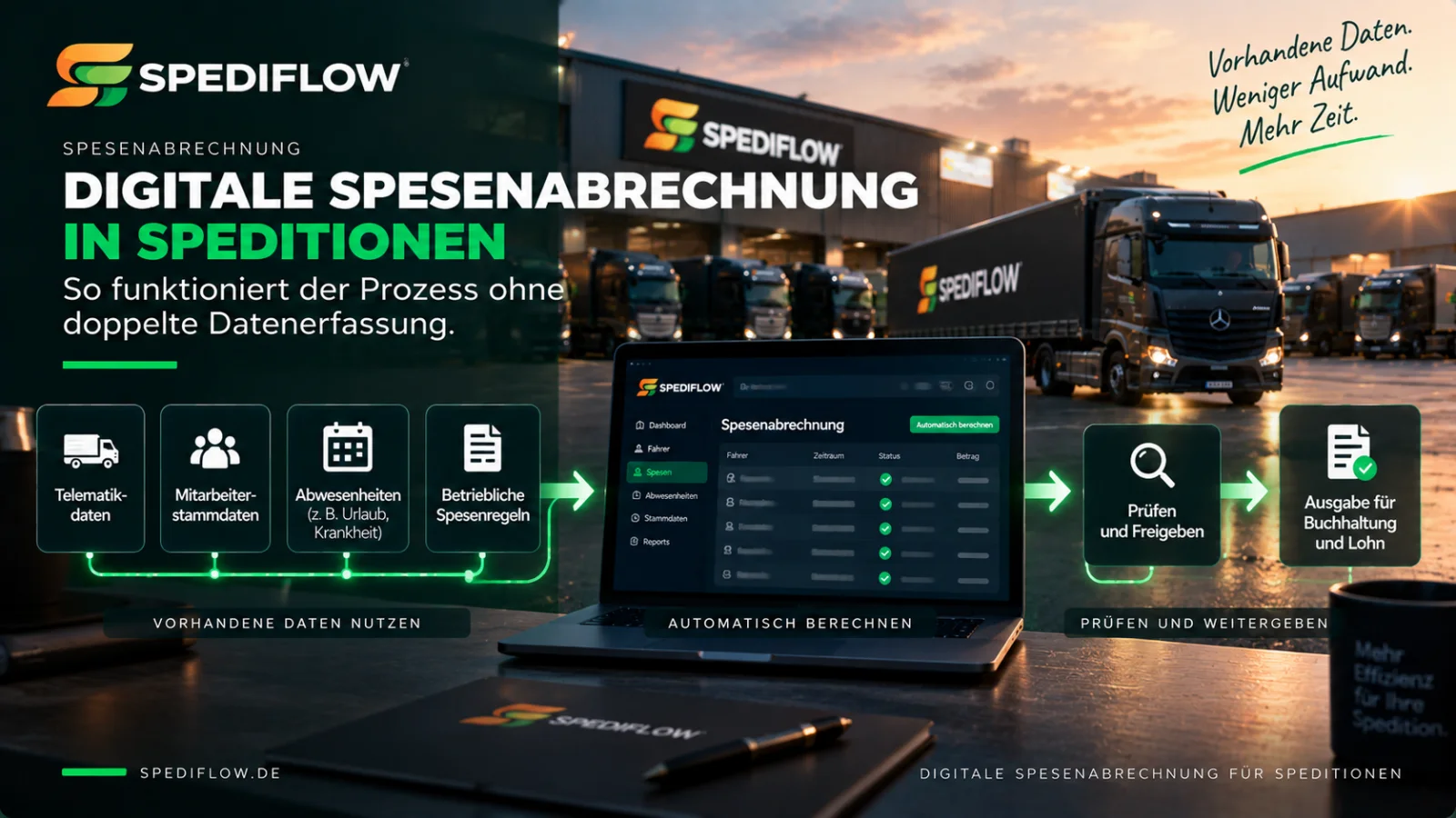 Digitale Spesenabrechnung in einer Spedition von vorhandenen Telematik- und Mitarbeiterdaten bis zur Buchhaltung