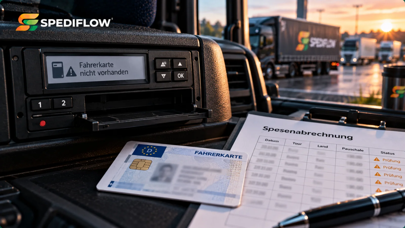 Fahrerkarte vor leerem Tachographen-Slot als Datenproblem für die Spesenabrechnung