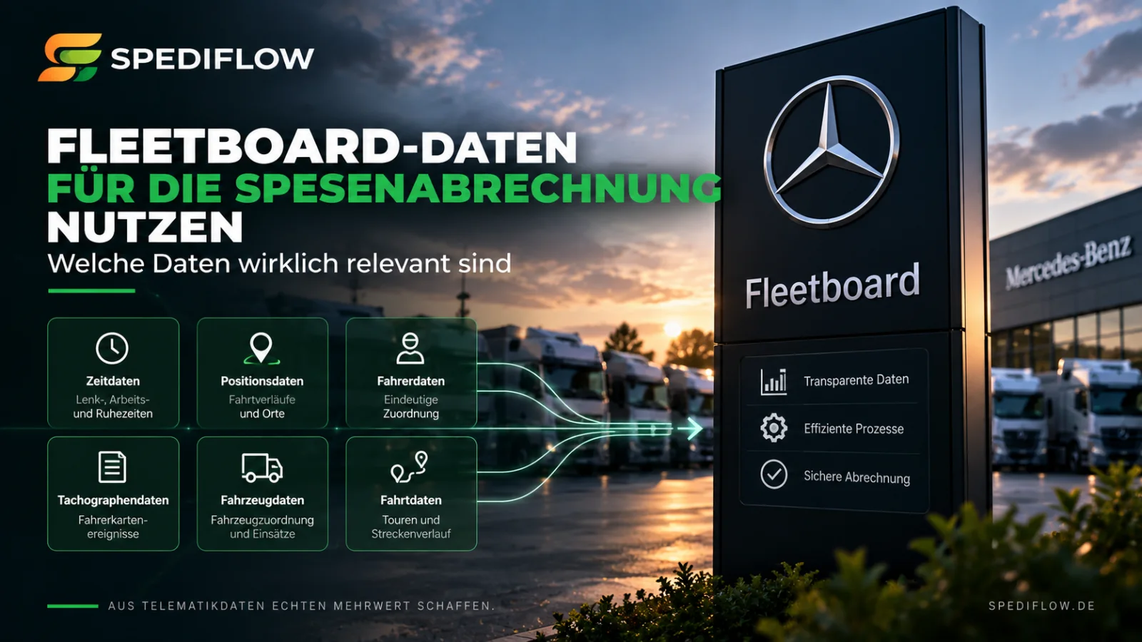 Fleetboard-Daten für die Spesenabrechnung mit Zeit-, Positions-, Fahrer-, Fahrzeug- und Tachographendaten