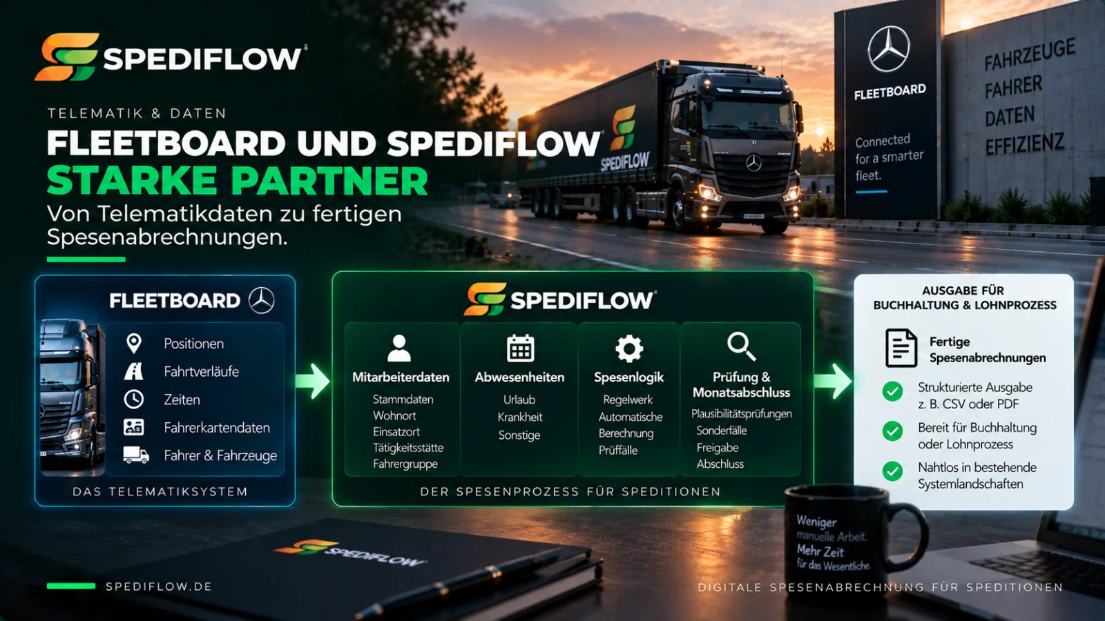 Fleetboard liefert Telematikdaten an SpediFlow, wo Mitarbeiterdaten, Abwesenheiten und Spesenregeln bis zur fertigen Abrechnung verarbeitet werden