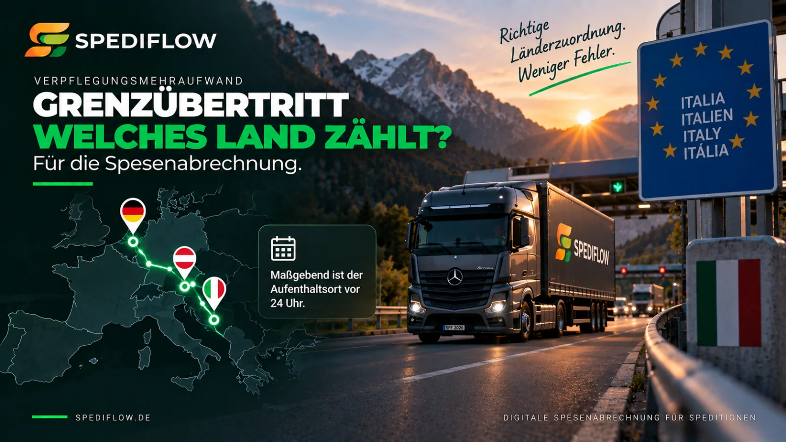 Grenzübertritt eines Lkw-Fahrers mit Route durch Deutschland, Österreich und Italien zur Länderzuordnung bei der Spesenabrechnung