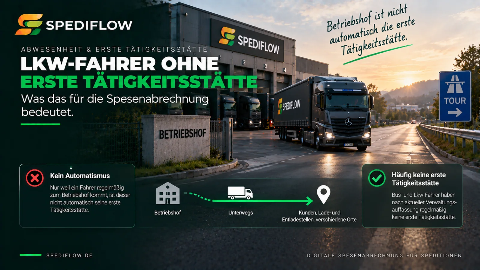 Lkw-Fahrer verlässt einen Betriebshof als Darstellung dafür, dass der Betriebshof nicht automatisch die erste Tätigkeitsstätte ist