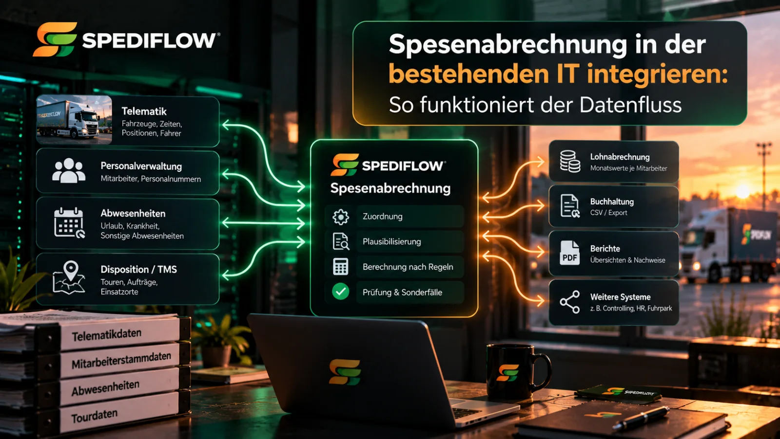 SpediFlow verbindet Telematik, Personalverwaltung, Abwesenheiten und weitere Datenquellen mit Spesenabrechnung, Lohn und Buchhaltung