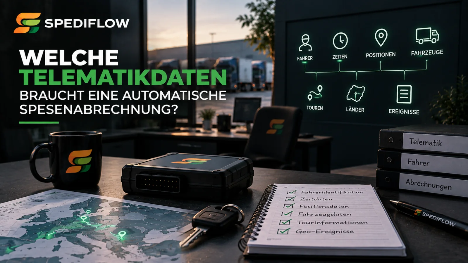 Benötigte Telematikdaten für automatische Spesenabrechnung mit Fahrer-, Zeit-, Positions-, Fahrzeug- und Tourdaten