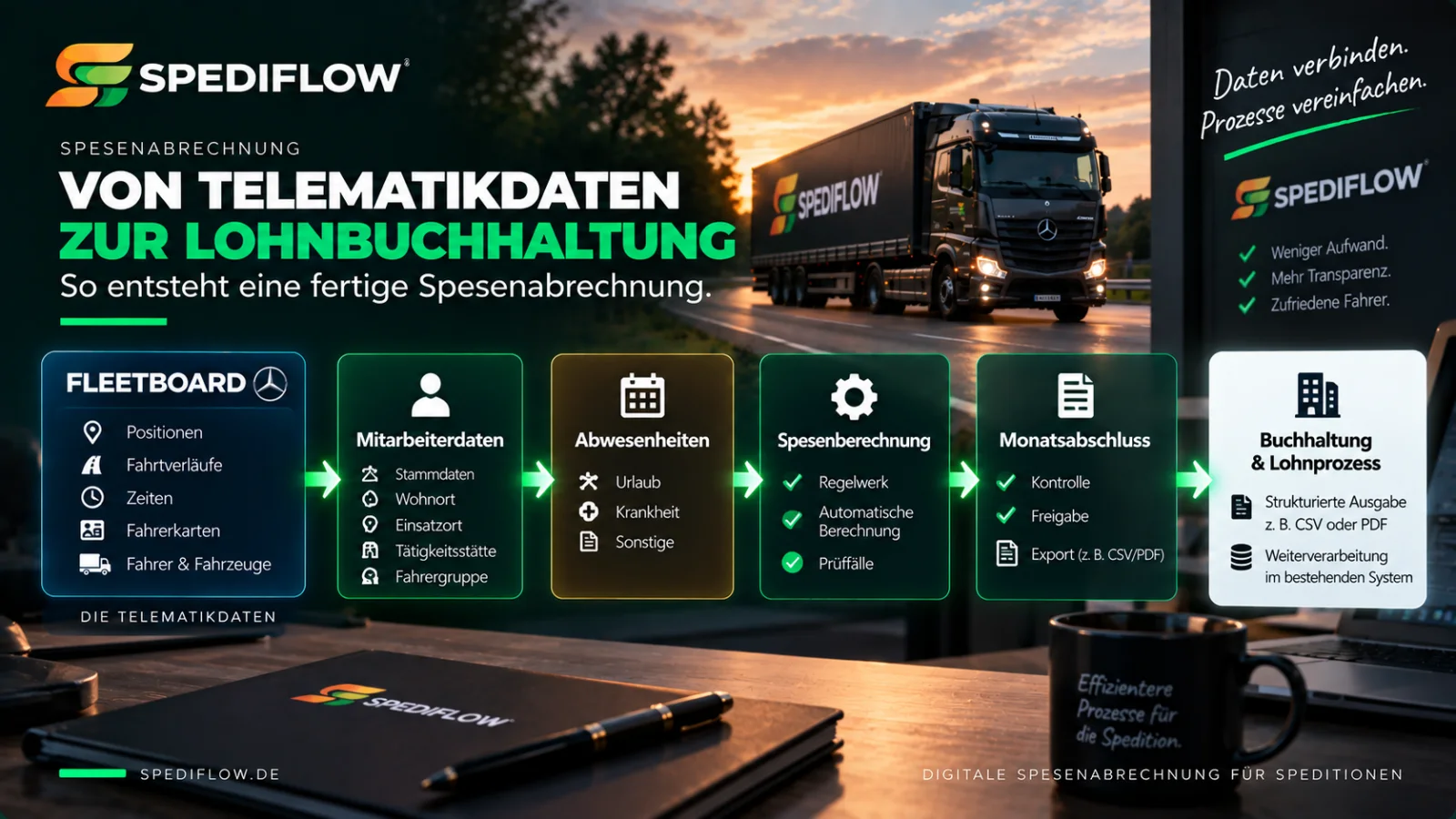 Datenfluss von Fleetboard-Telematikdaten über Mitarbeiterdaten, Abwesenheiten und Spesenberechnung bis zur Buchhaltung und zum Lohnprozess