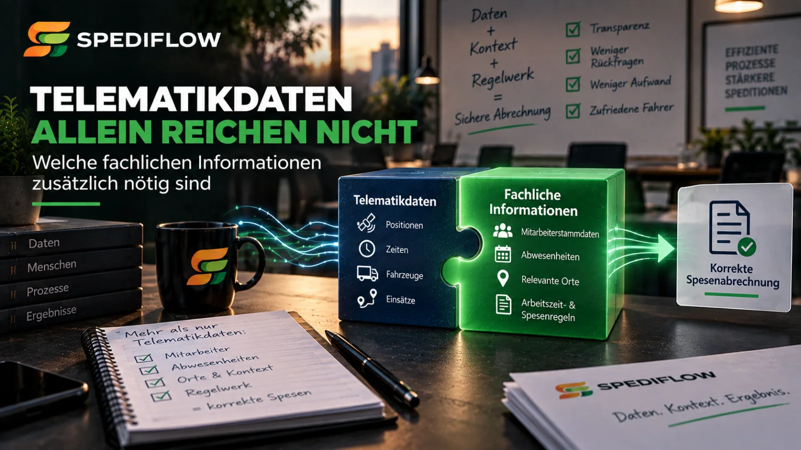 Telematikdaten ergänzt um Mitarbeiterstammdaten, Abwesenheiten, relevante Orte und Regelwerk für die Spesenabrechnung