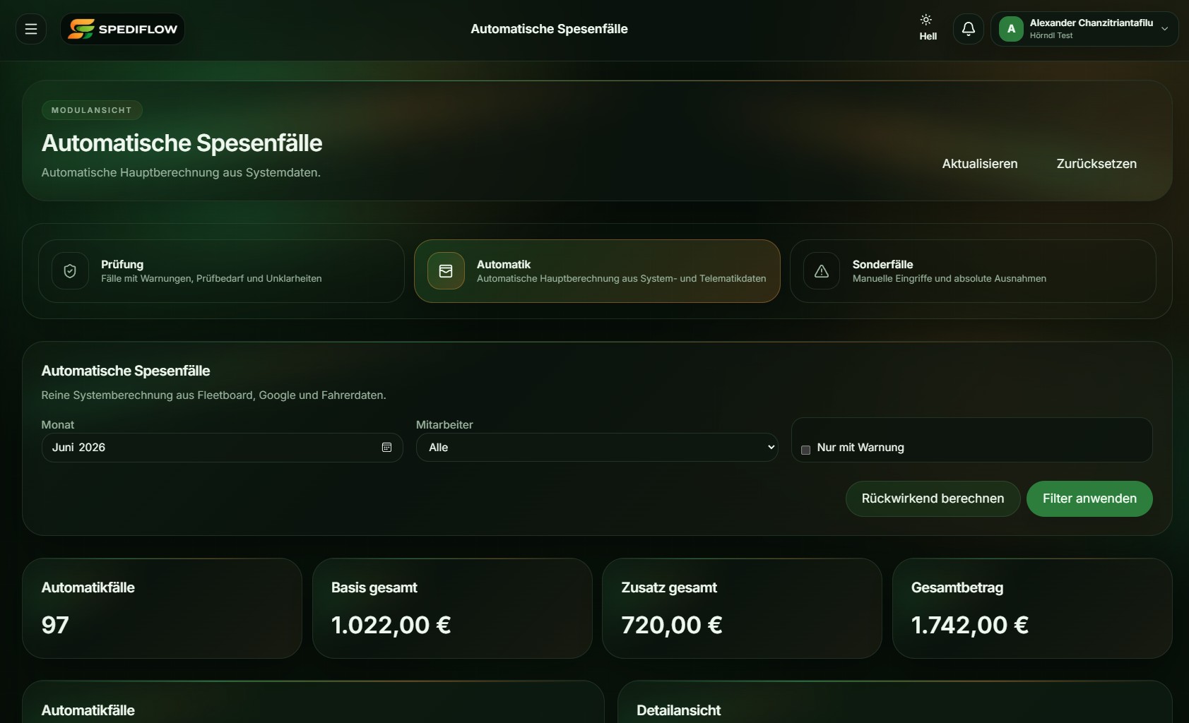 Automatische Spesenfälle in Spediflow